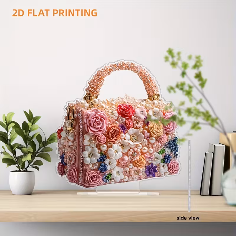 1pc 2D Acrylic Flat Handbag Decor with Roses and Pearls