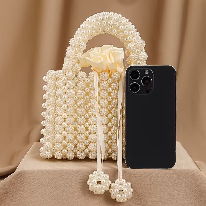 Elegant Handmade Imitation Pearl Beaded Evening Clutch with Rose Handle