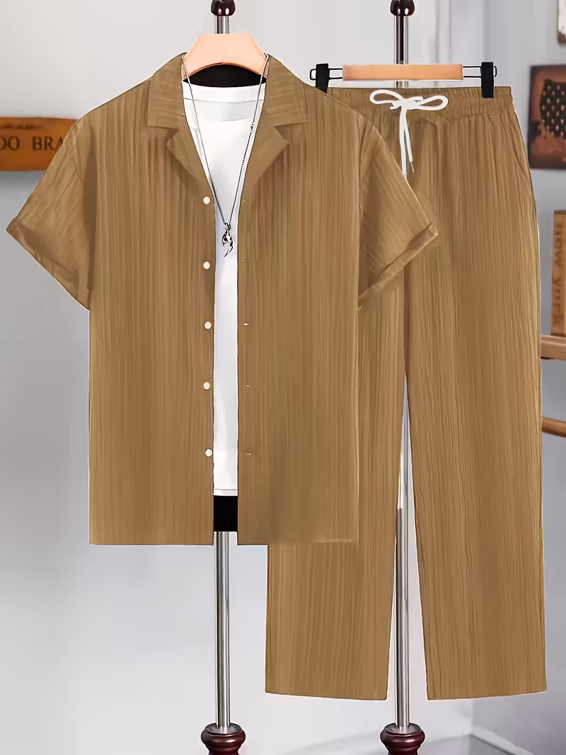Men'S Casual Suit, Short Sleeve Button Cuban Collar .