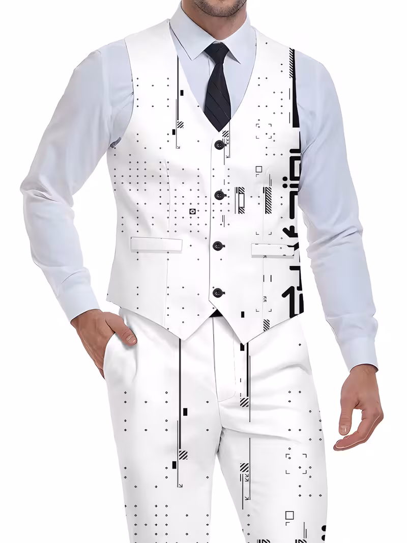 Men's Vest + Trousers Suit with Black and White Abstract Geometric Pattern, Casual Trendy Digital Print Suit.