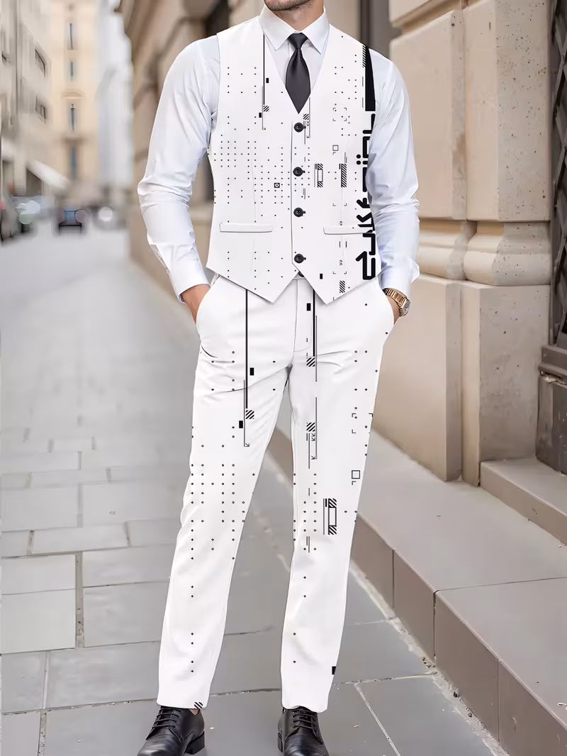 Men's Vest + Trousers Suit with Black and White Abstract Geometric Pattern, Casual Trendy Digital Print Suit.
