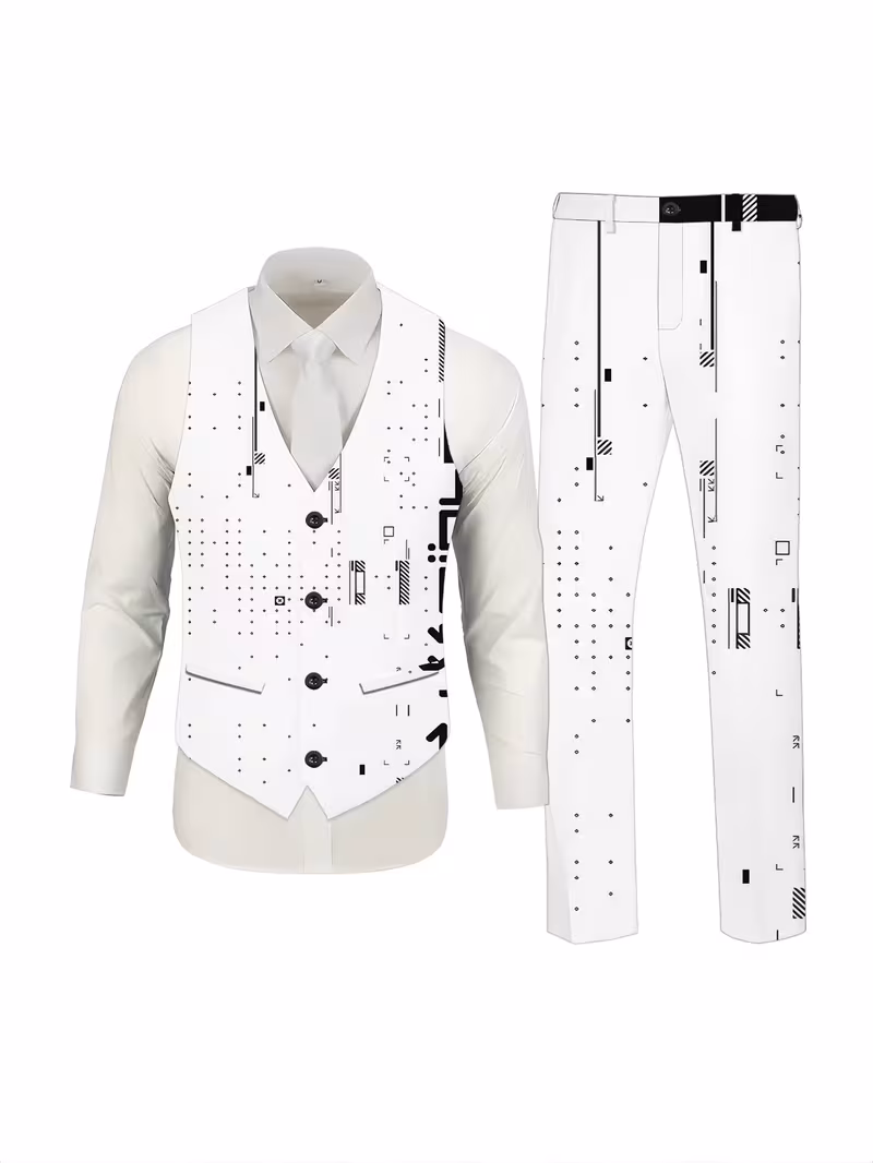 Men's Vest + Trousers Suit with Black and White Abstract Geometric Pattern, Casual Trendy Digital Print Suit.