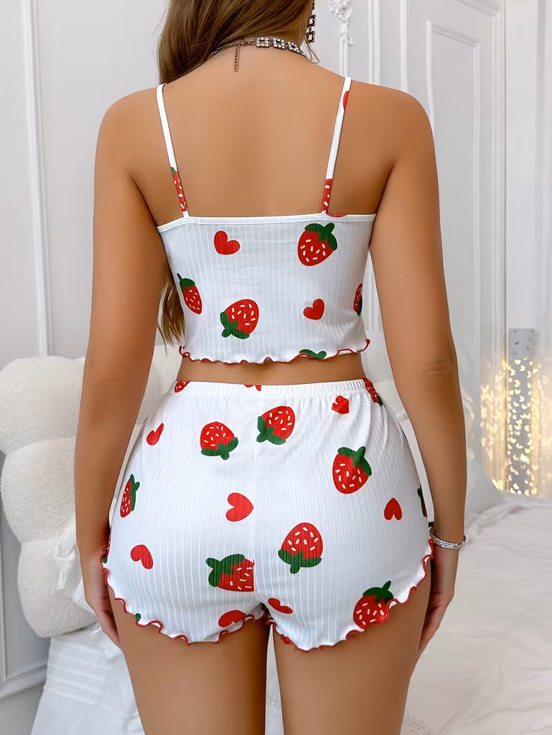 Women's Strawberry Love Print Ruffle Hem Camisole Romper