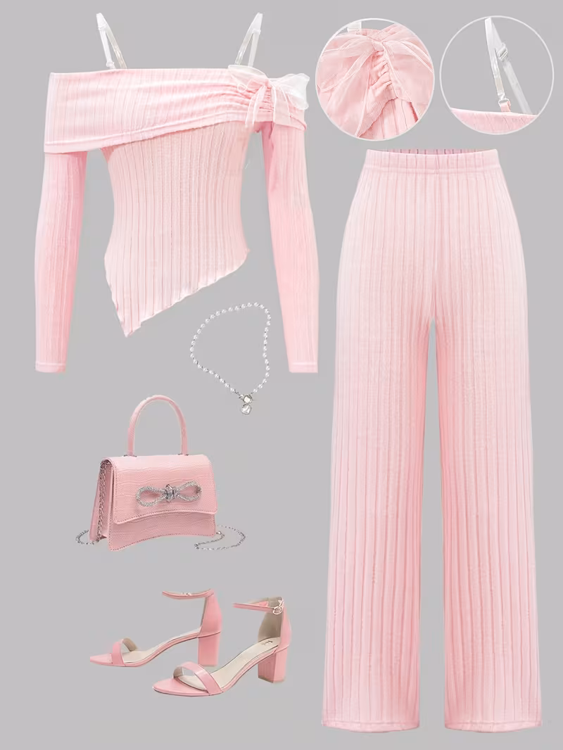 Girls'  Set Off the Shoulder Bow Tie Long Sleeve Top and Straight Leg 